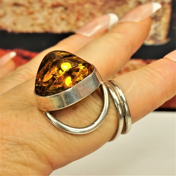 LARGE BALTIC AMBER 925 SILVER ADJUSTABLE RING, UNIQUE DESIGN, GIFT FOR WOMEN - Picture 4 of 16